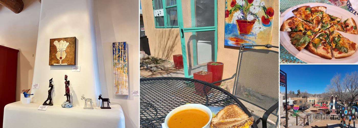 Collage of Café Canyon interior, outdoor seating and cafe food