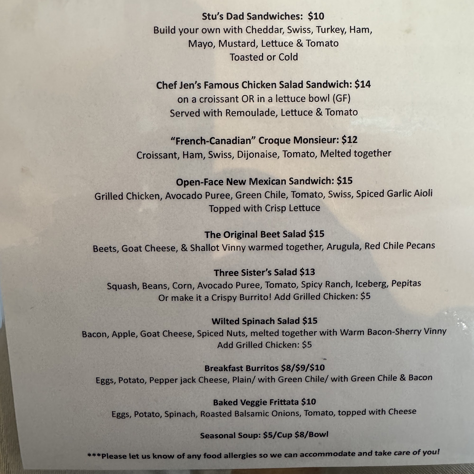 Photographed cafe menu from the Café Canyon third-party listing