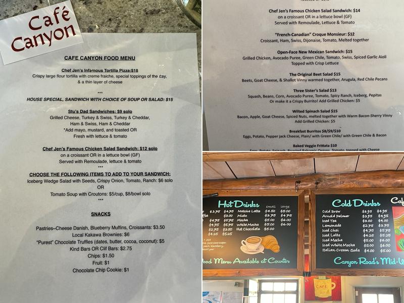 Collage showing cafe food, a drinks board and the Café Canyon interior